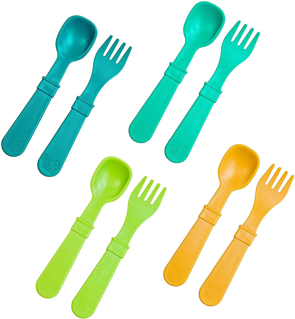 Re-Play Toddler Utensil Set - Aqua, Orange, Yellow and Lime Green