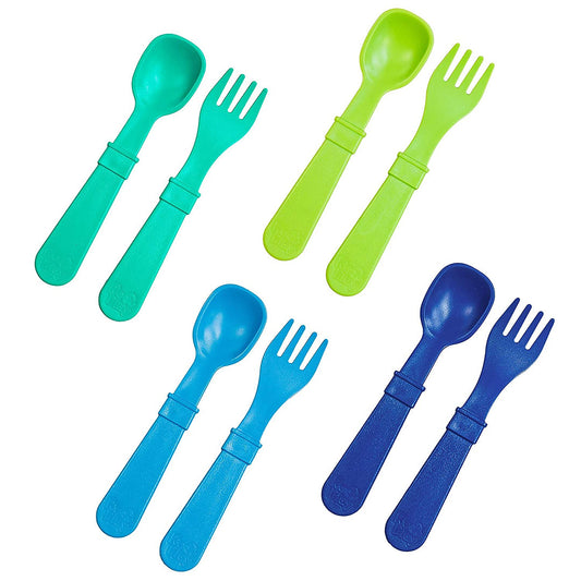Re-Play Toddler Utensil Set - Aqua, Sky Blue, Navy Blue and Lime Green