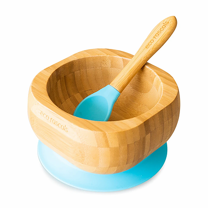 Bamboo Suction Bowl with Spoon - Blue