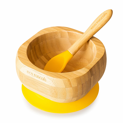Bamboo Suction Bowl with Spoon - Yellow