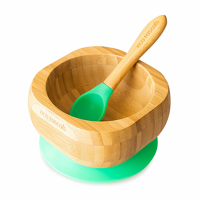 Bamboo Suction Bowl with Spoon - Green