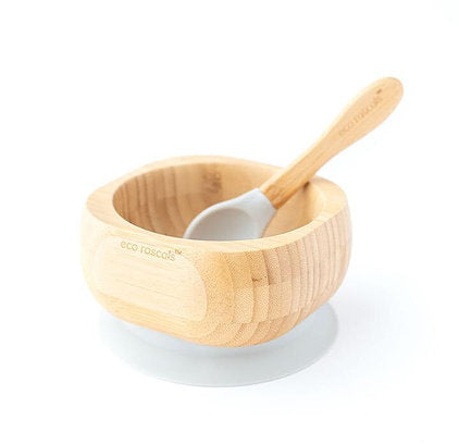 Bamboo Suction Bowl with Spoon - Grey