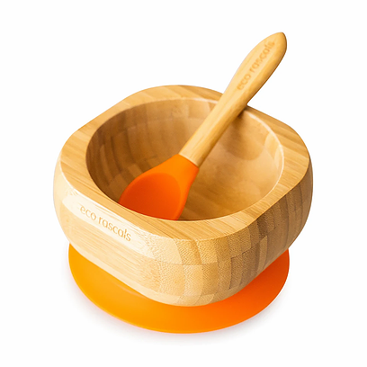 Bamboo Suction Bowl with Spoon - Orange