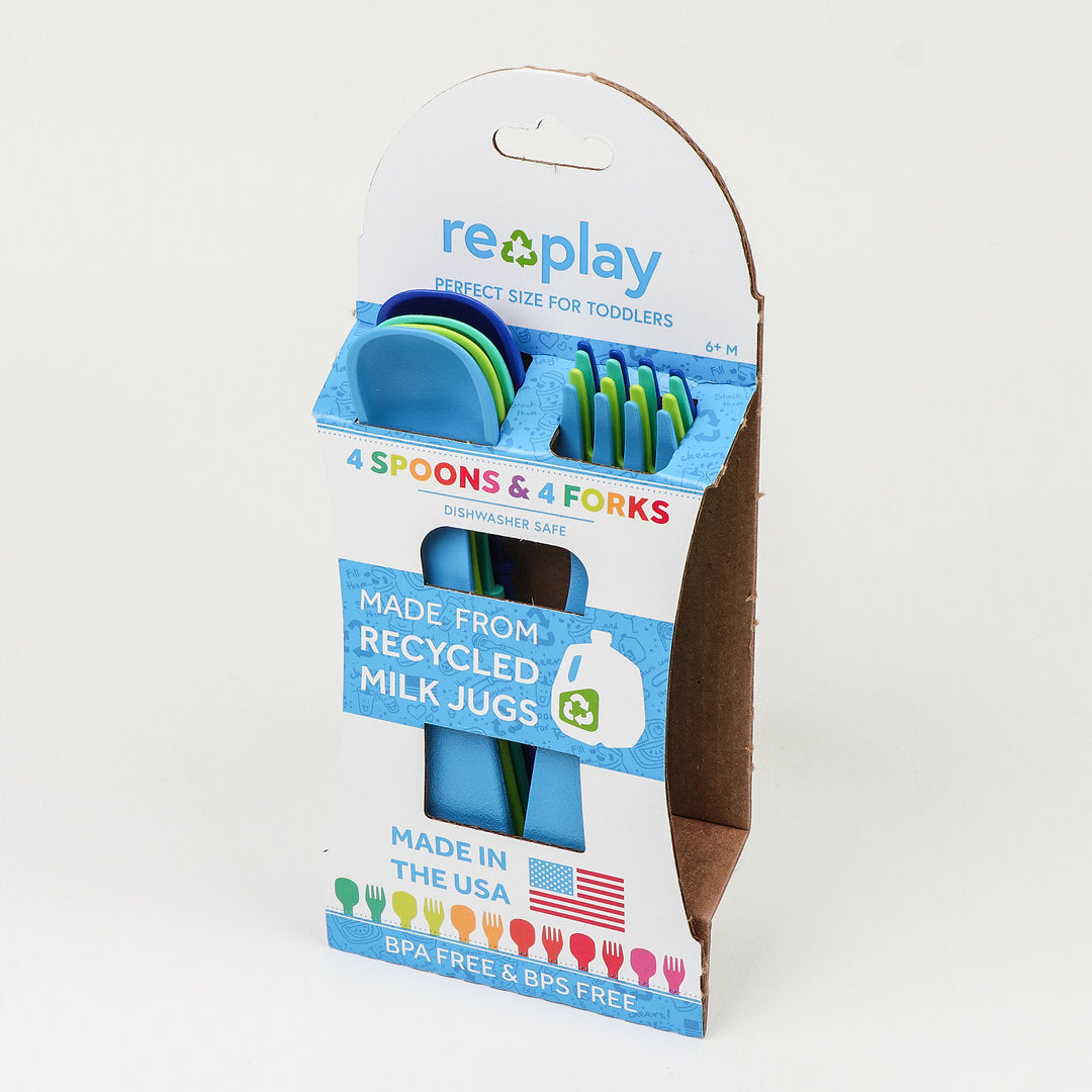Re-Play Toddler Utensil Set - Aqua, Sky Blue, Navy Blue and Lime Green